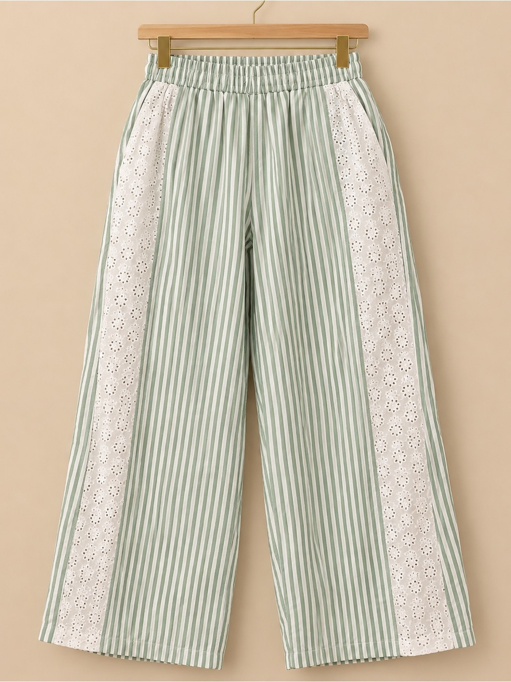 Source Unknown Sage Green Striped Wide-Leg Pants with Beige Eyelet Panels